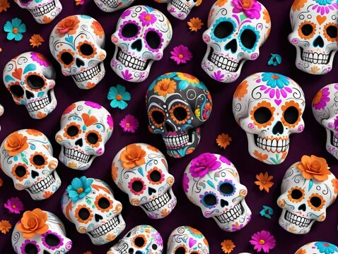 Colorful Skulls And Flowers Seamless Background
