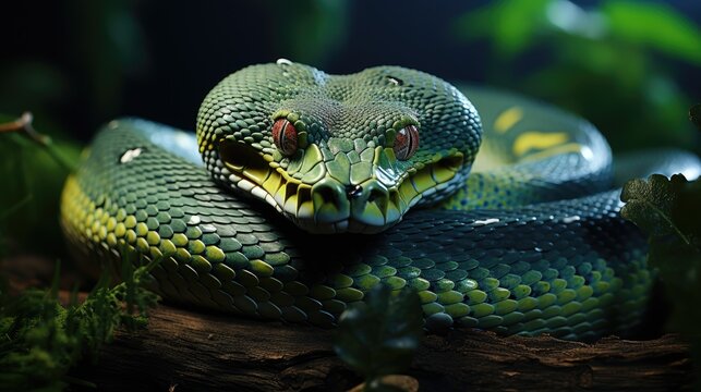  a close up of a green snake on a branch with a plant in the foreground and a blue sky in the background with green leaves on the other side of the picture.  generative ai