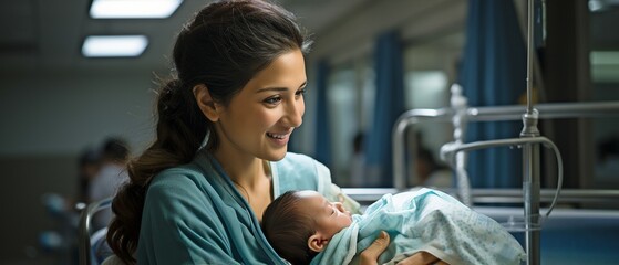 In the hospital maternity ward, a young, radiant Indian mother is holding a newborn baby.. - obrazy, fototapety, plakaty