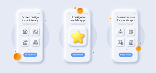 Naklejka na ściany i meble Info, Smartphone protection and Ð¡ompetition line icons pack. 3d phone mockups with star. Glass smartphone screen. Ferris wheel, Management, Factory web icon. Vector