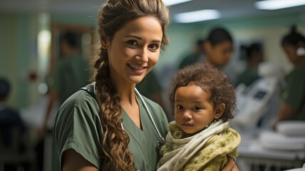 In the hospital maternity ward, a young, radiant Indian mother is holding a newborn baby..