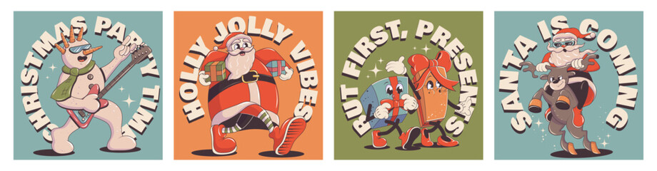 Christmas retro groovy posters, cards. Lettering illustration for t-shir print. Gingerbread man, Santa, Snowman rock, Walking gifts. Mascots . Merry Christmas and happy new year. Vector illustration.