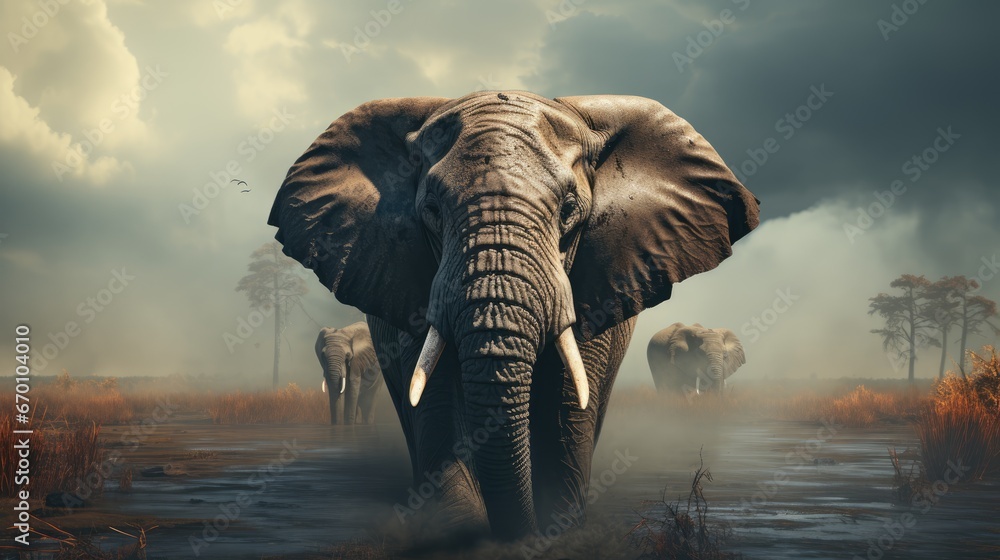 Poster a group of elephants walking through a swampy area with tall grass and trees on either side of the e