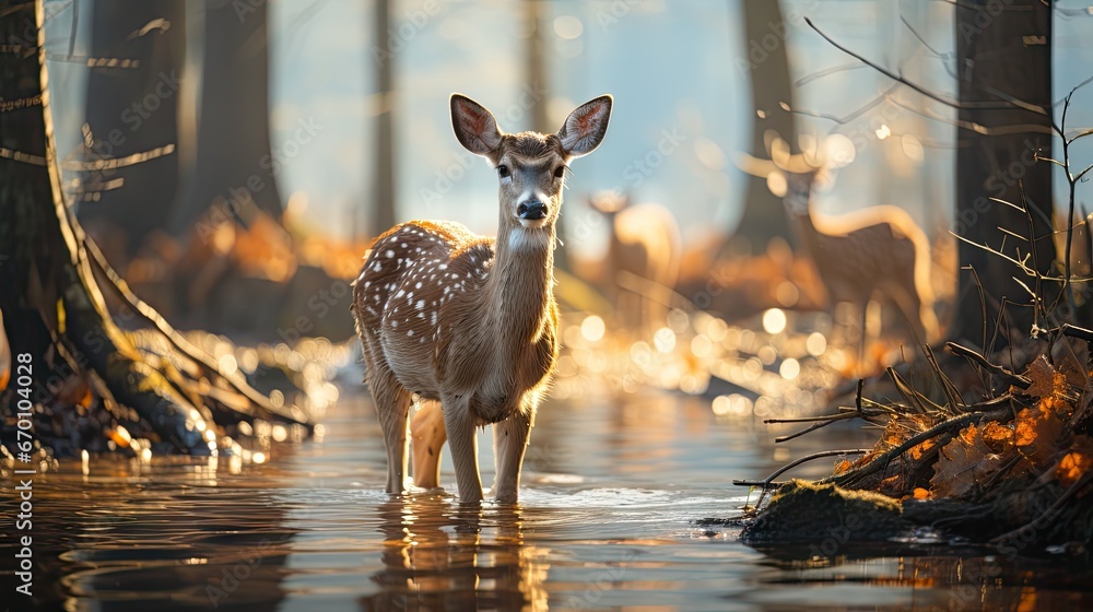 Wall mural a deer is standing in the middle of the water in a wooded area with tall trees and grass on either s