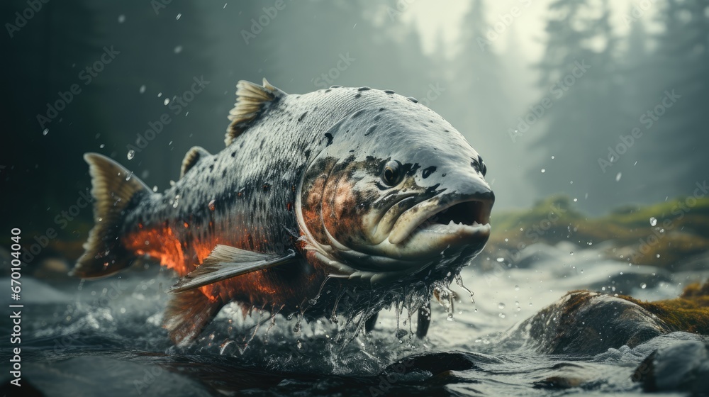 Poster a large fish with its mouth open and it's mouth wide open, standing in a body of water with rocks in