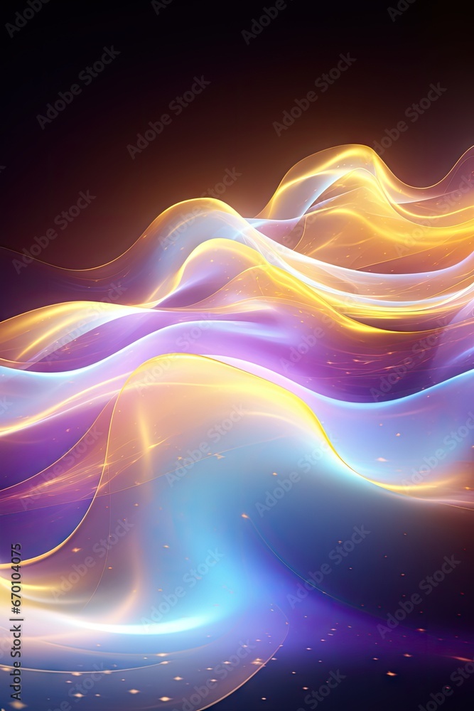 Poster a computer generated image of a wave of blue, yellow, and orange on a black background with stars an