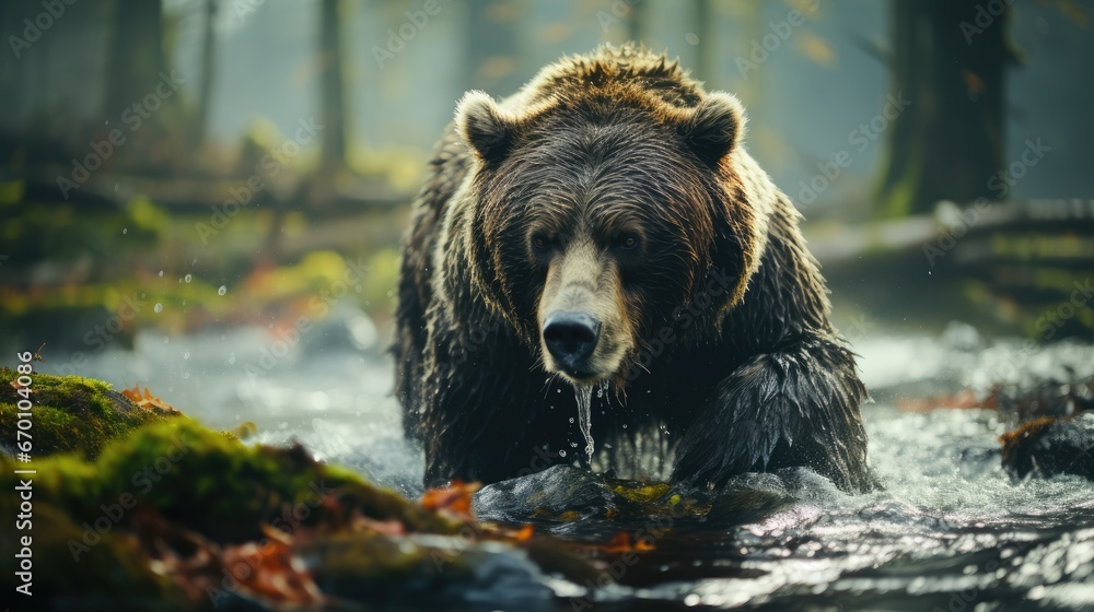 Aufkleber a grizzly bear wading through a stream in a forest with lots of trees and leaves on both sides of th