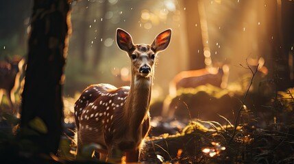  a deer standing in the middle of a forest with the sun shining down on it's head and it's head turned to the side and it's head.  generative ai