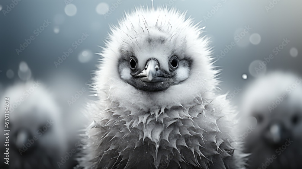 Poster a close up of a small bird with a lot of feathers on it's head and a lot of feathers on it's back, w