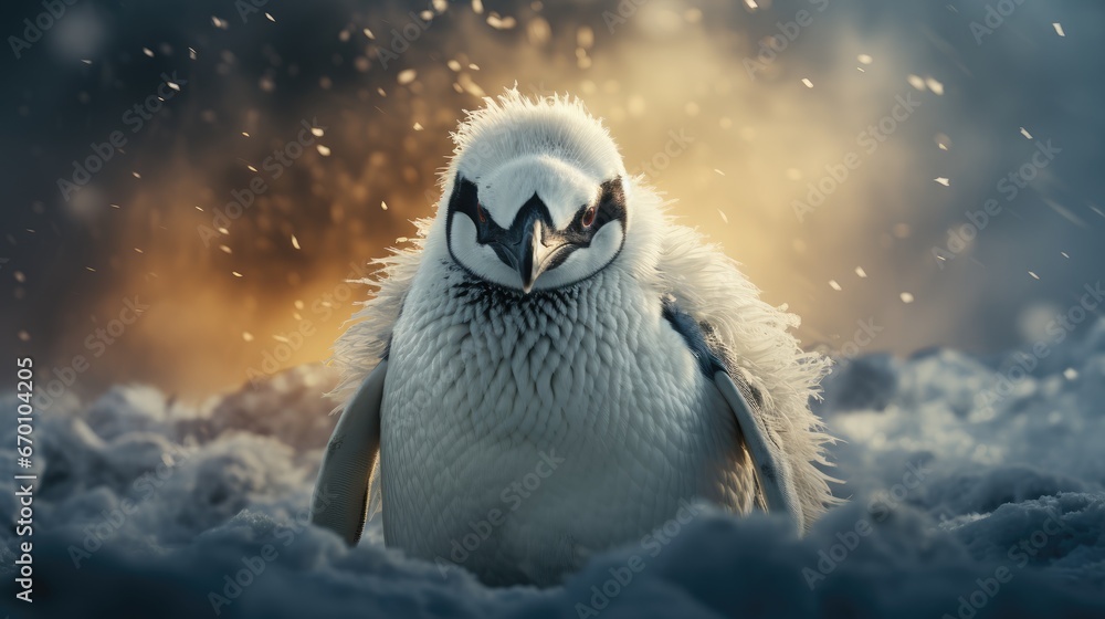 Poster a close up of a penguin in the snow with snow flakes on it's face and a blurry background of snow fl