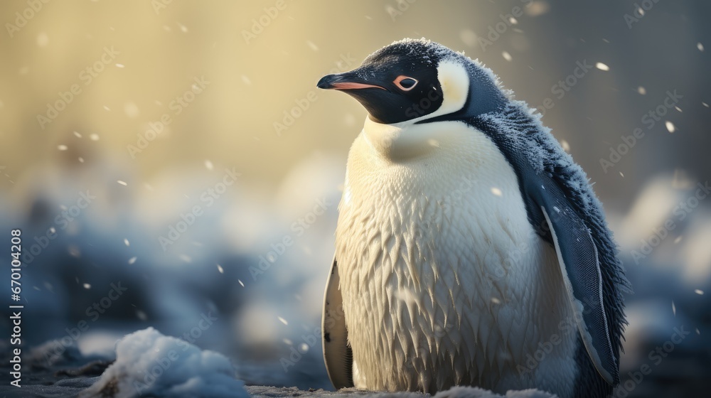 Poster a close up of a penguin standing in the snow with snow flakes on it's back and a blurry background o
