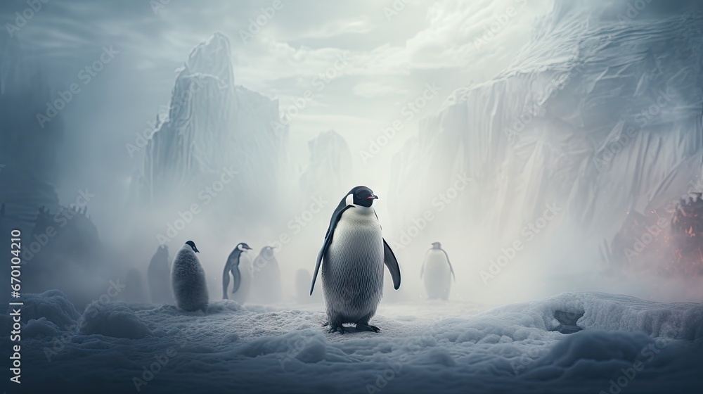 Poster a group of penguins standing next to each other in front of a mountain covered in snow and ice with 