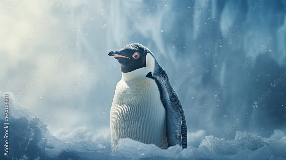 Poster a penguin standing in the snow in front of an ice cave with a penguin on it's head and a beak sticki