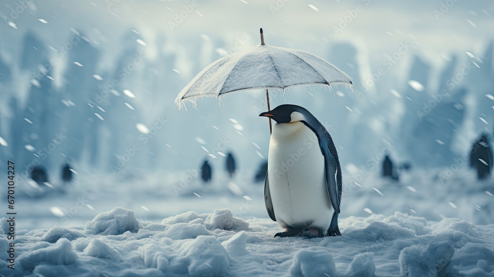 Poster a penguin with an umbrella standing in the snow in front of a group of penguins on a snowy day with 