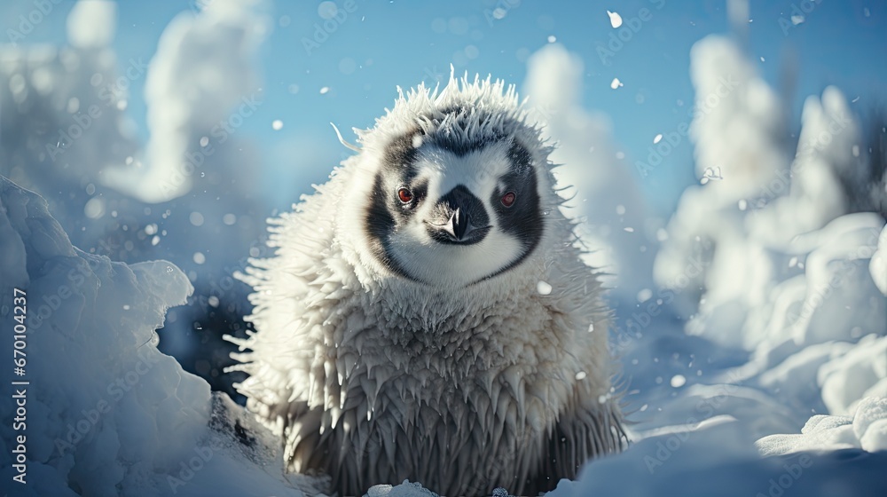 Poster a close up of a stuffed animal in a snowy area with snow flakes on the ground and trees in the backg