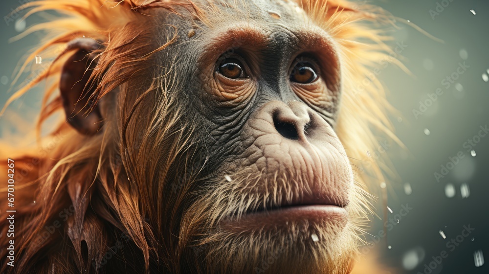 Poster a close - up of a monkey's face with snow falling on it's face and a blurry background of snow fleck