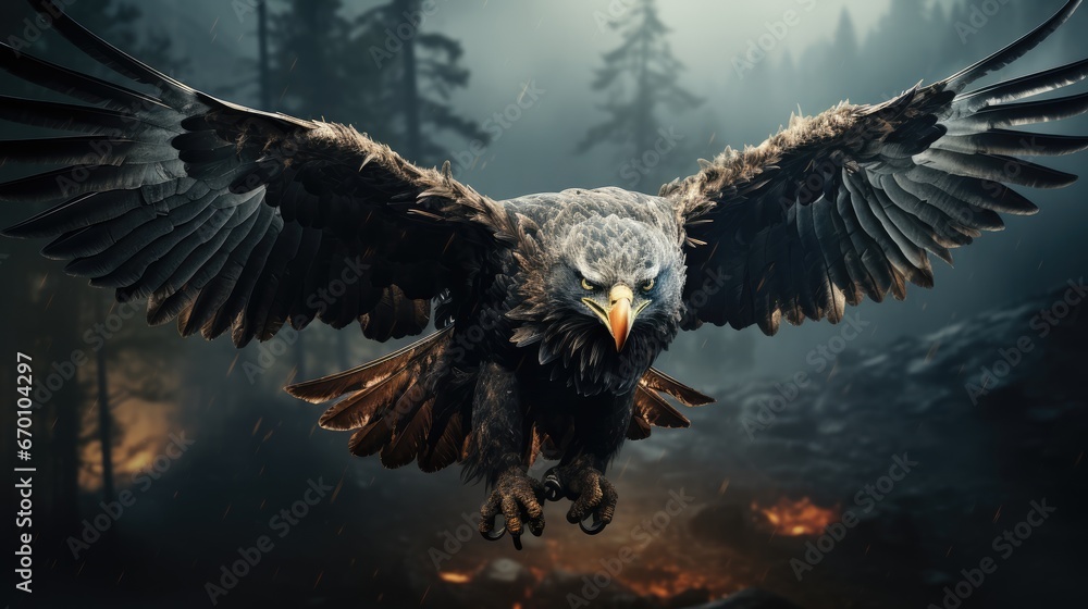 Poster a bird that is flying in the air with its wings wide open and it's eyes open and it's wings are spre