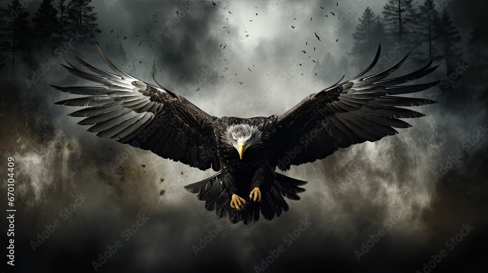 Poster an eagle is flying through the air with its wings spread out in front of a dark, cloudy sky with tre