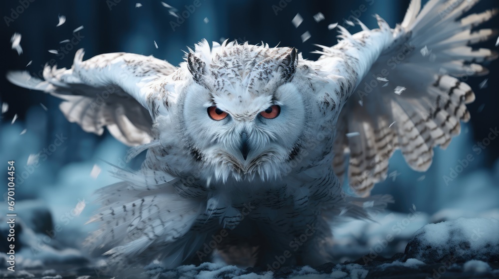 Poster a white owl with red eyes standing on a pile of snow with its wings spread out and it's eyes are wid