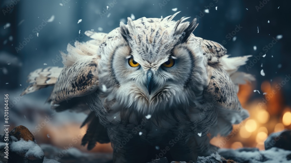 Poster an owl standing on a pile of rocks in the snow with its eyes open and it's head turned to the side, 
