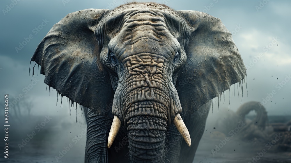 Poster a close up of an elephant's face and tusks with a dark sky in the back ground and clouds in the back