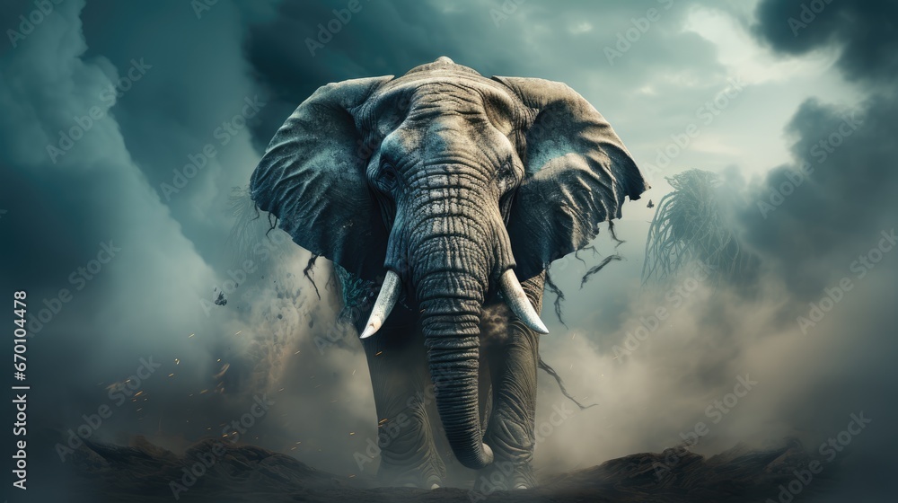 Poster a painting of an elephant in the middle of a storm with a sky full of clouds in the background and a