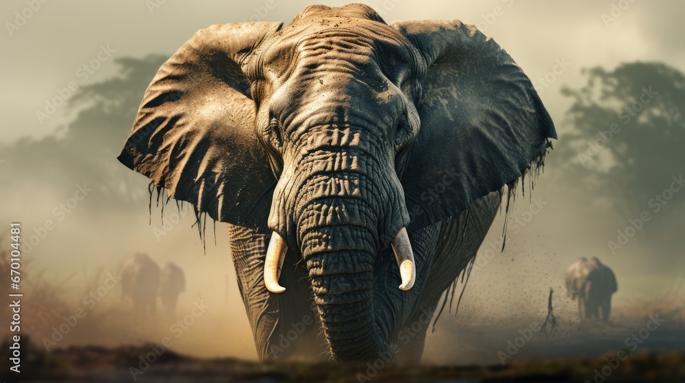 Poster an elephant with tusks and tusks standing in a field with other elephants in the background and a fo