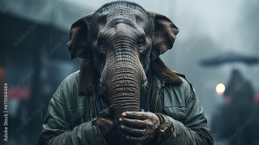 Poster an elephant is standing in the rain with its trunk wrapped around it's face and it's trunk wrapped a