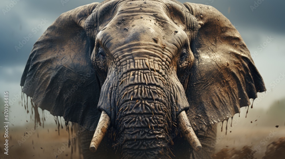 Poster a close up of an elephant's face and tusks with a dark sky in the back ground and clouds in the back
