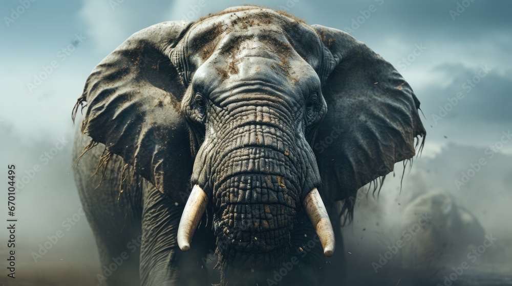Poster an elephant with tusks standing in a dusty area with a cloudy sky in the background and dust blowing