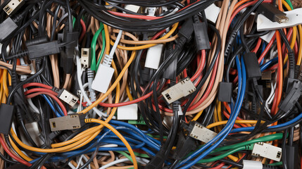Close-up of network cables in a pile. Selective focus. Cables and connectors isolated on white background. Close-up.