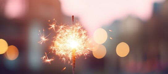 A close-up of a Bengal light on a pink blurred background. Celebration of the new year and Christmas. Party accessory