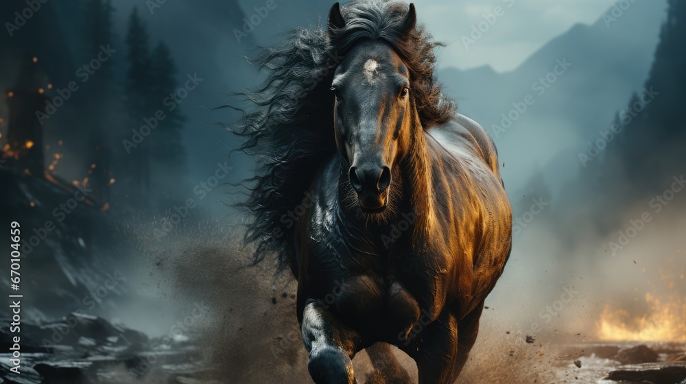 Poster a horse running through a field with a lot of fire in it's back end and it's hair blowing in the win