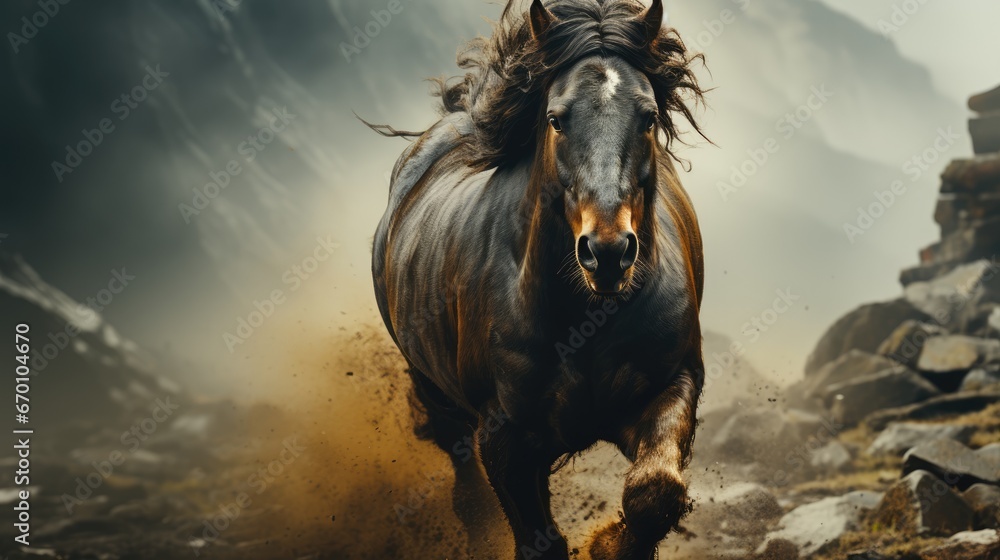 Poster a horse running through a rocky area with a mountain range in the backgrouds in the background and a