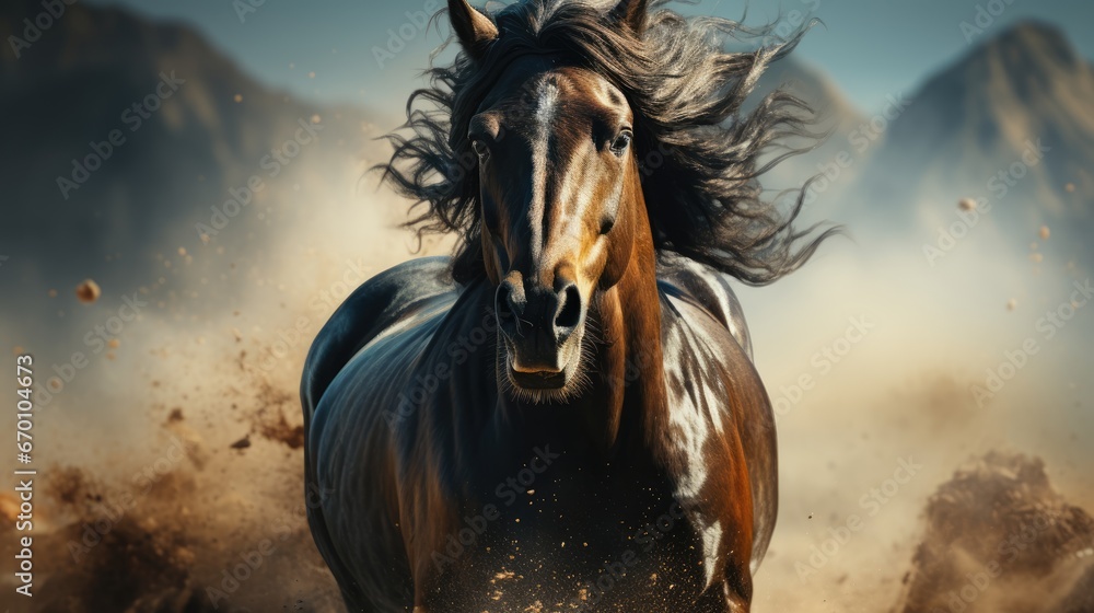 Poster a painting of a horse running through a field with mountains in the background and dust in the foreg