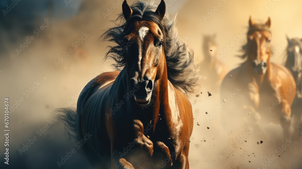 Poster a group of brown horses running through a dusty field with their heads turned to the opposite direct