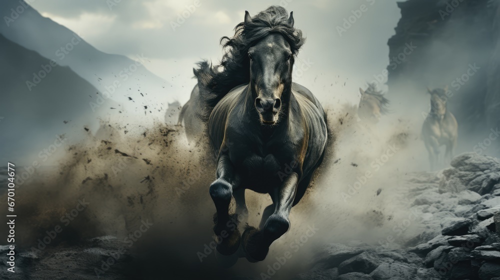 Poster a group of horses running through a rocky area with a mountain in the background and a sky filled wi