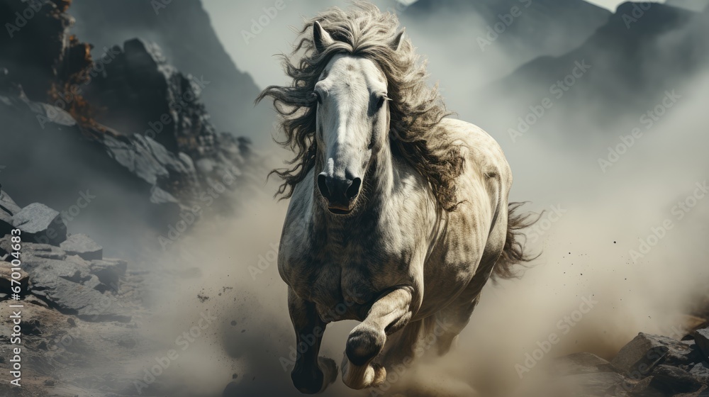 Poster a white horse is running through a rocky area with a mountain range in the background in the foregro
