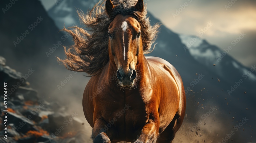 Poster a brown horse running through a field of grass and dirt in front of a mountain range with snow on th