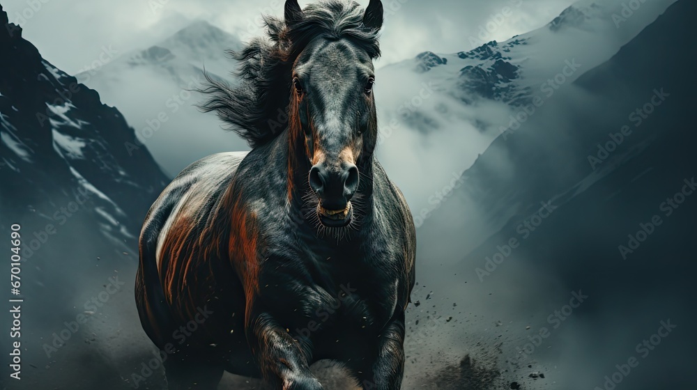 Poster a black and brown horse running in front of a mountain range with snow on the ground and clouds in t