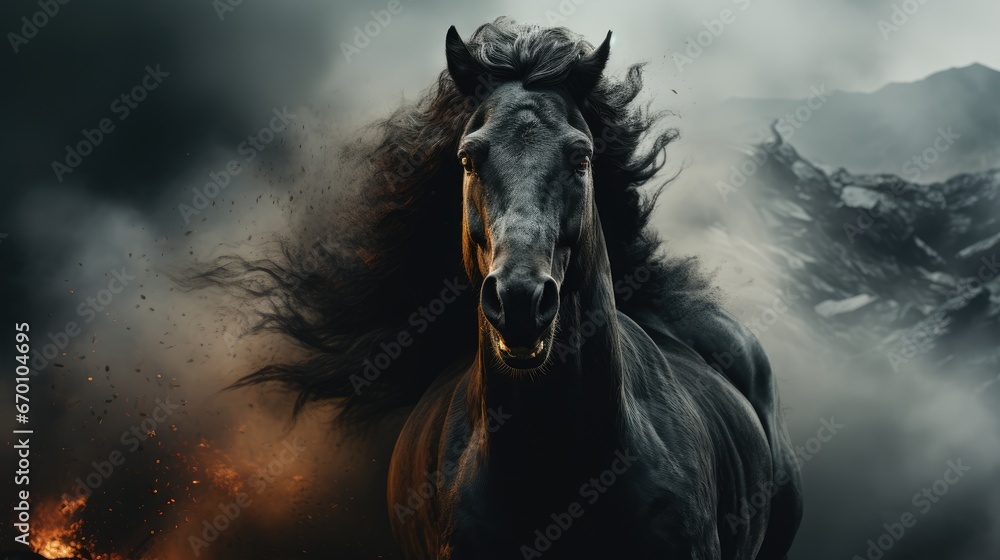 Poster a black horse with a long mane running through the air with a mountain range in the background in th