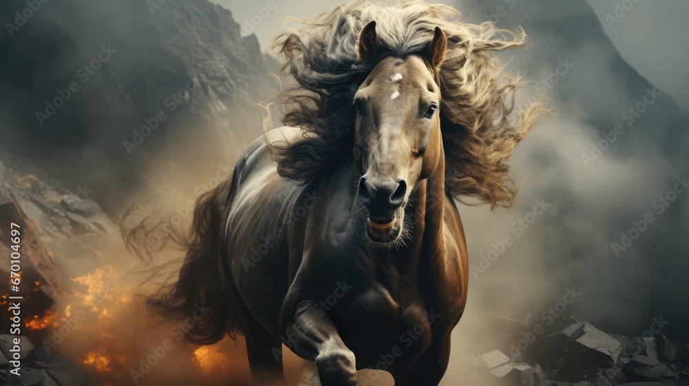 Poster a painting of a horse running through a field of rocks with a mountain in the background with smoke 