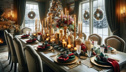 Dining room table set for Christmas dinner, golden candlesticks, red and green napkins, pinecone centerpieces, frosted windows with snow outside.