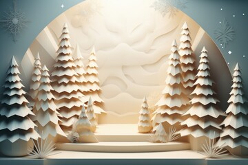 Winter Christmas landscape with fir trees  in pastel colors. 3d origami, paper style. 