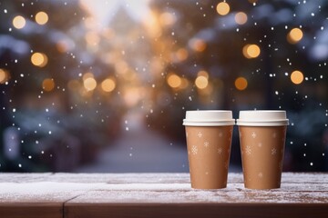 Two cups of coffee or hot chocolate on a wooden table outside for winter walks during the Christmas...
