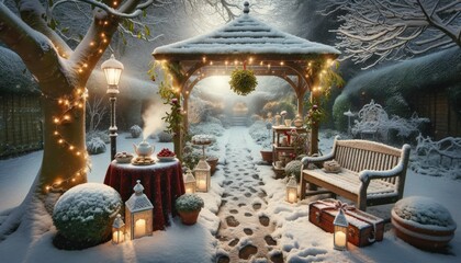 Snow-covered garden, path to gazebo with fairy lights, mistletoe, table with mince pies, steaming teapot in cold. - obrazy, fototapety, plakaty