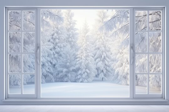 Fototapeta The view from the window is of a snowy winter landscape, the trees are covered with snow. Christmas card.