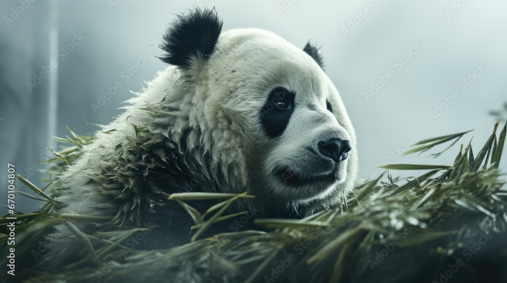 Poster a close up of a panda bear in a field of grass with trees in the background and foggy sky in the bac