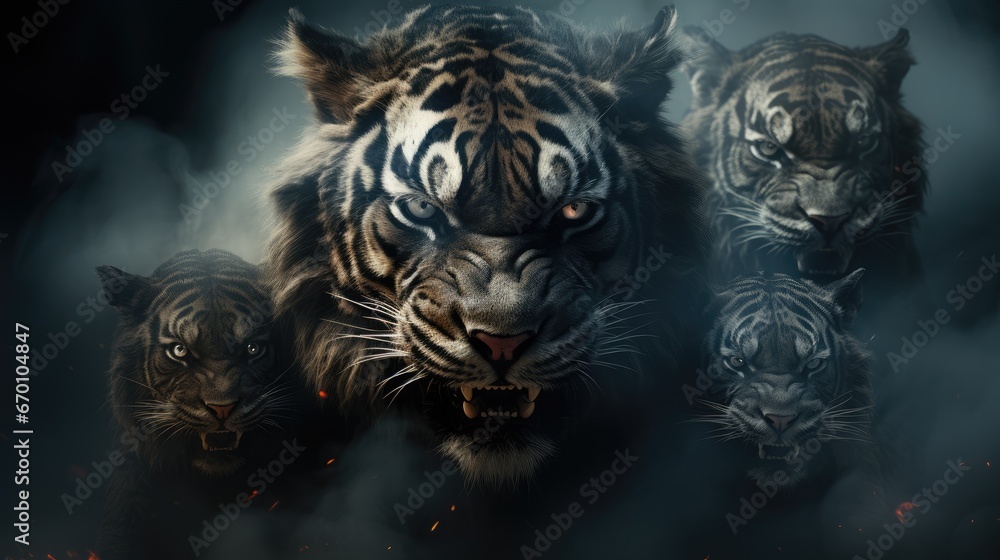Poster a group of tigers standing next to each other on top of a cloud filled sky in front of a group of ot