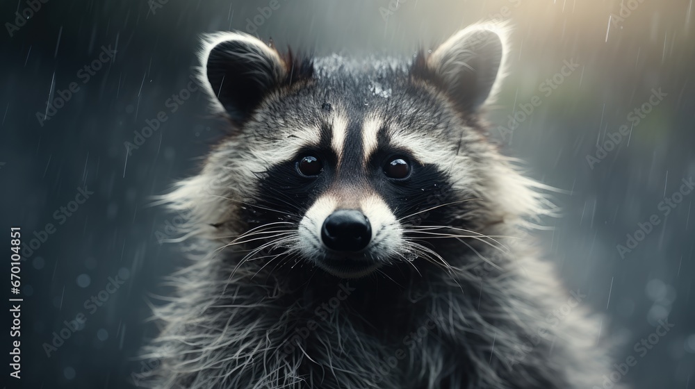 Poster a raccoon looking at the camera with a blurry image of it's face and a blurry background of raindrop